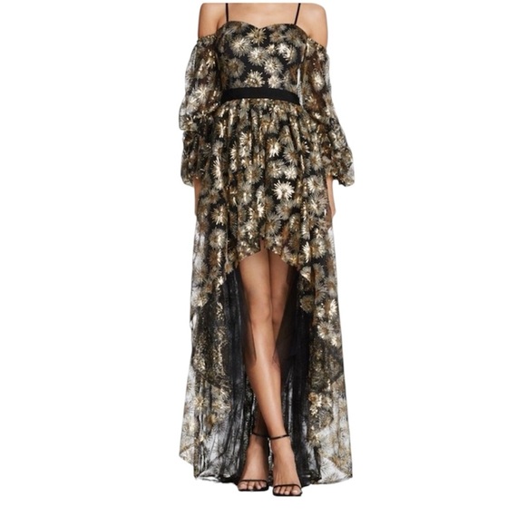 Aqua Dresses & Skirts - Zendaya Collection for Aqua Fireworks Dress Black Gold Sheer Hi-Low Size S